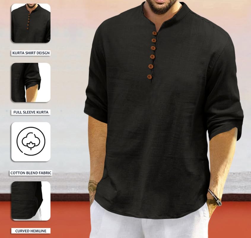 Royalscout MenS Cotton Polyester Blend Solid Regular Fit Full Sleeve Short Kurta | Ethnic, Lightweight Summer Kurta For Daily &