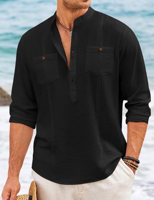 Macsivo Cotton Blend Solid Casual Short Kurta For Men Long Sleeve Mandarin Collar Stylish Shirt Kurta For Men Sky