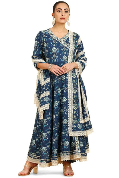 Soch Womens Blue Botanical Print Angrakha Cotton Suit Set
