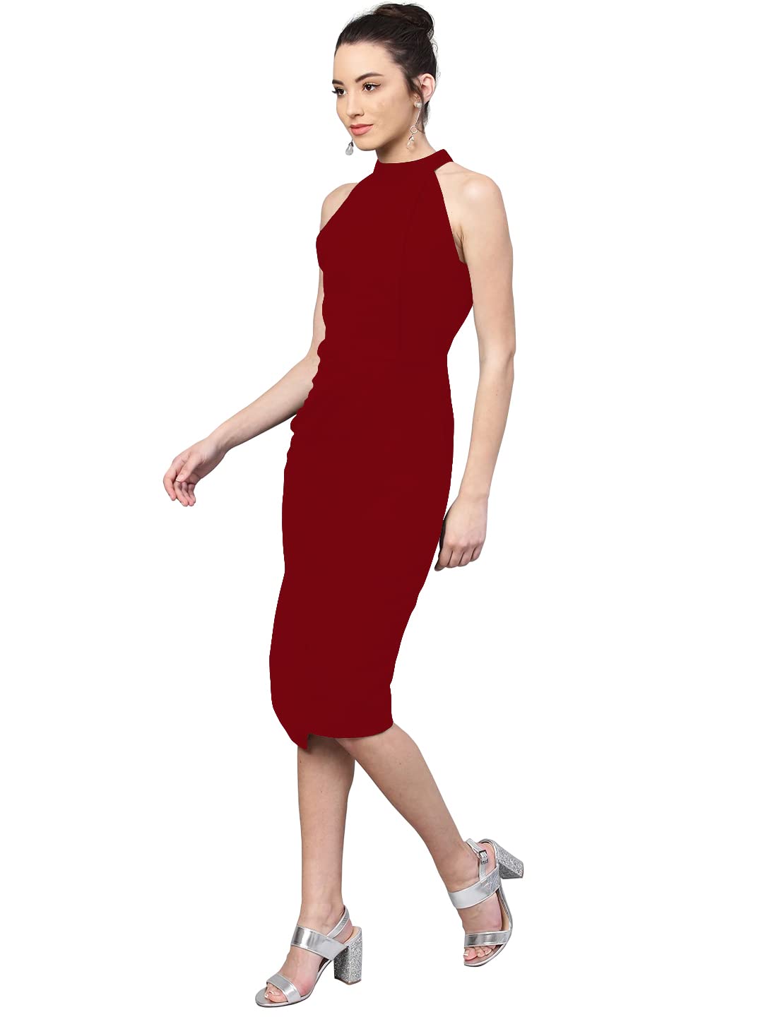 Shasmi Polyester Blend Bodycon Knee-Length WomenS Elegant Halter Neck Pleated Flounce Sleeveless Midi Dress (Dresses For Tops_M