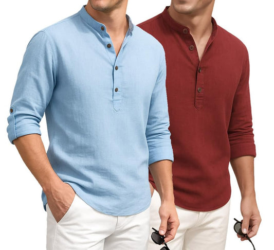 Deelmo Combo Of MenS Cotton Blend Solid Regular Fit Full Sleeve Short Kurta | MenS Trendy Short Kurta Pack Of 2 Sky - Red