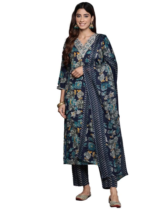 Varanga WomenS Blue Floral Printed V-Neck Kurta With Zari Embroidery, Three-Quarter Sleeves, Side Slit, And Matching Bottom & Du