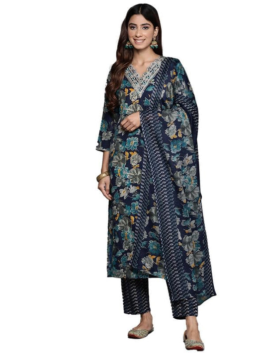 Varanga WomenS Blue Floral Printed V-Neck Kurta With Zari Embroidery, Three-Quarter Sleeves, Side Slit, And Matching Bottom & Du