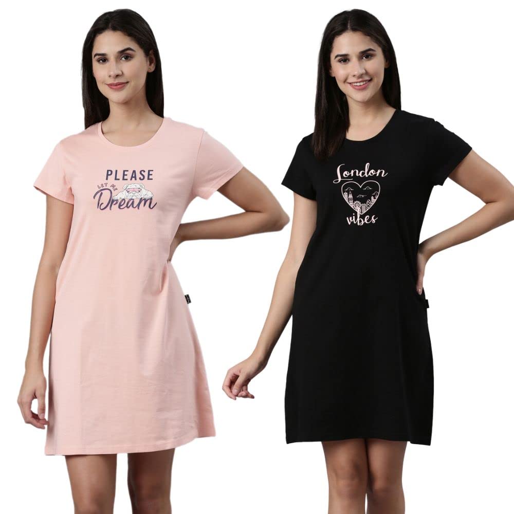 Pepe Jeans Cotton Knee Length Nighty, Nightdress, Gown For Women | Comfortable Soft Printed Sleepwear - Blossom|Black - M (Pack 