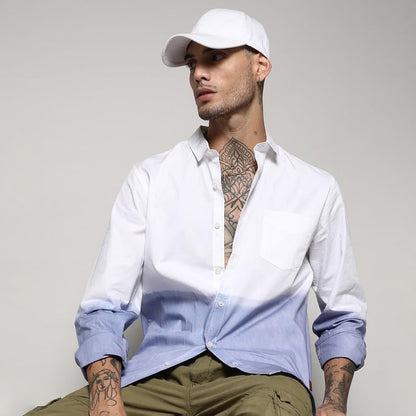 Campus Sutra Mens White & Blue Contrast Ombre Shirt for Casual Wear | Spread Collar | Long Sleeve | Button Closure | Cotton Shi