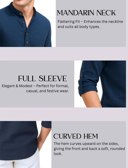 Deelmo MenS Cotton Blend Solid Regular Fit Full Sleeve Short Kurta | MenS Trendy Short Kurta Navy Blue