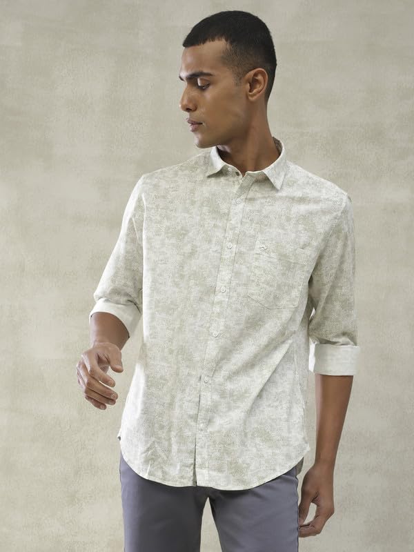 Turtle Men Cotton Tencel Slim Fit Grey Printed Full Sleeve Casual Shirt