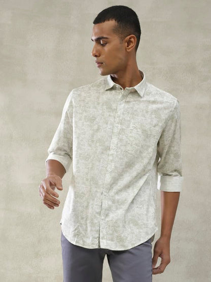 Turtle Men Cotton Tencel Slim Fit Grey Printed Full Sleeve Casual Shirt