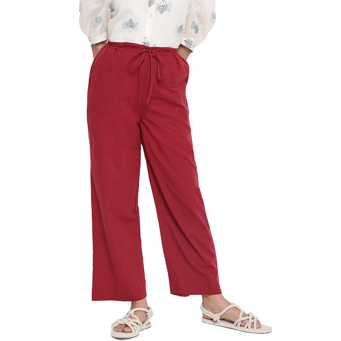 Fabindia Women Drawstring Casual Pant Cotton_S Maroon