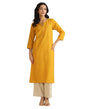 Fabindia Women's Mustard Cotton Woven Straight Fit Long Kurta
