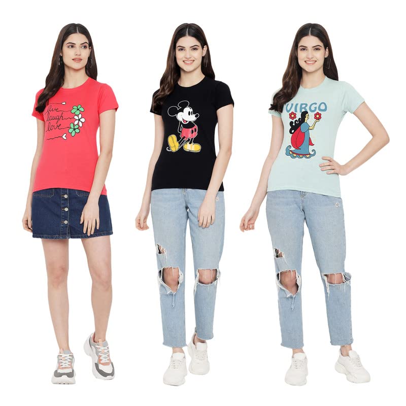 Preneum Womens Cotton Regular Fit Latest Graphic Stylish Printed Short Sleeves Casual T-Shirt || Trendy (Pack 3), Pink & Black