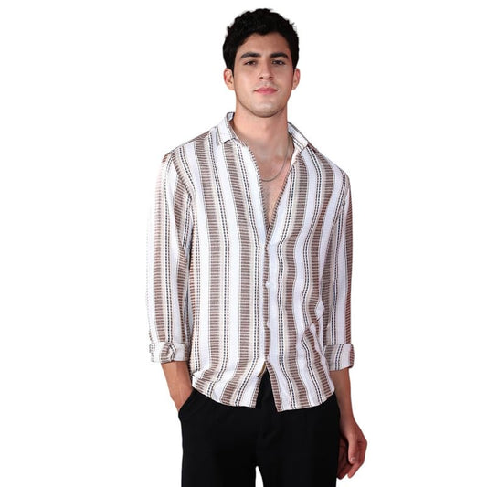 Campus Sutra Mens Cream White & Chestnut Brown Indie-Striped Shirt for Casual Wear | Spread Collar | Long Cuffed Sleeves | Butt