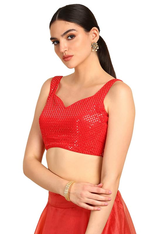 Soch Womens Red Sequinned Sweetheart Neck Georgette Padded Blouse