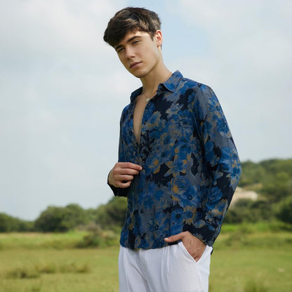 Campus Sutra Mens Lapis Blue Bi-Hue Daisy Shirt for Casual Wear | Spread Collar | Long Cuffed Sleeves | Button Closure | Shirt