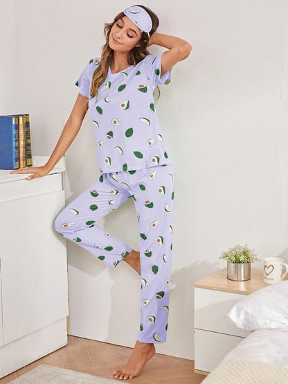 SMOWKLY Printed Round Neck Short Sleeve Night Suit Set for Women  Soft Pajama Set | Comfortable Cotton Blend Night Dress & Sleep