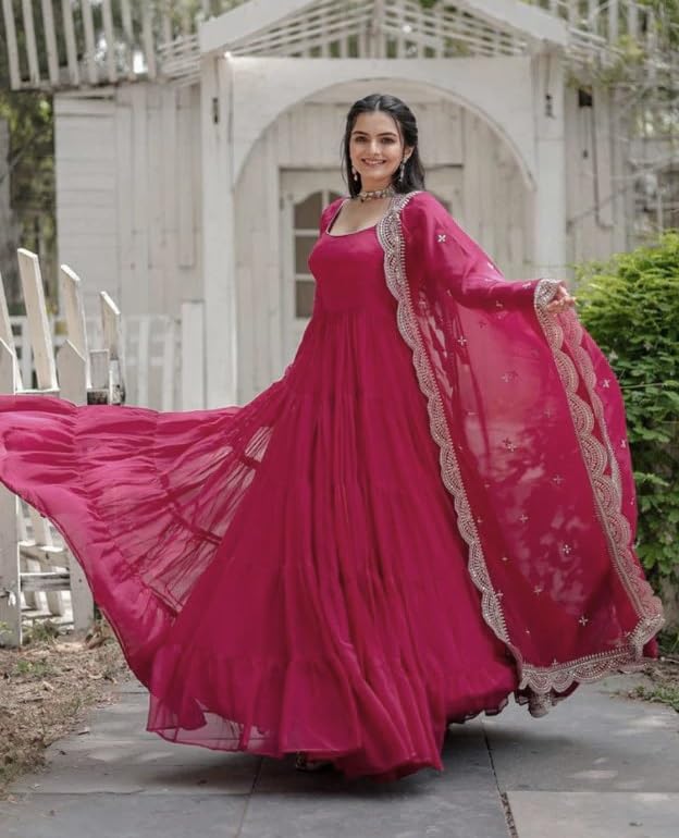 Fashion Basket WomenS Georgette Solid Anarkali Dress Pink