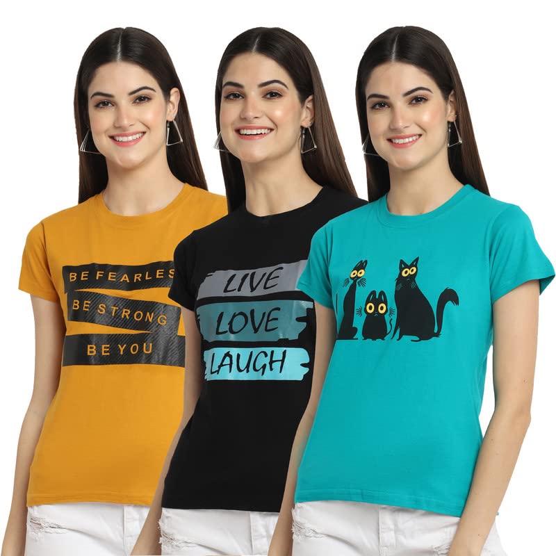 Preneum Womens Cotton Regular Fit Latest Graphic Stylish Printed Short Sleeves Casual T-Shirt || Latest Trendy & Style (Pack 3)