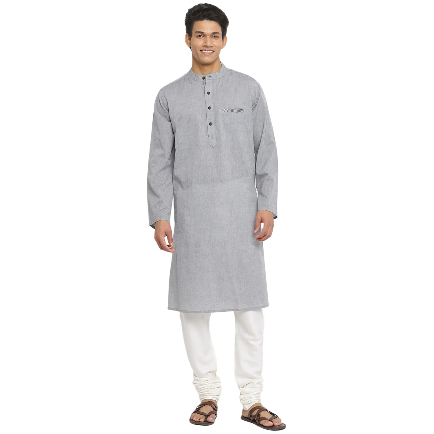 Fabindia Men Trim Chinese Collar Cotton Long Kurta Contrast_S Grey