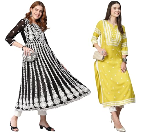 Gosriki WomenS Chikankari Embroidered Kurti Combo Pack Of 2 (Kari Black & Stho Yellow-Gs_L_Multi_Large)