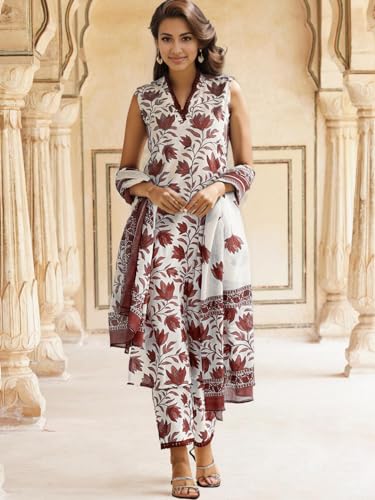 Shienzy WomenS Printed Cotton Blend Sleeveless V-Neck Kurta Pant Dupatta Set || Stylish Indo-Western Kurti For Wedding, Festive