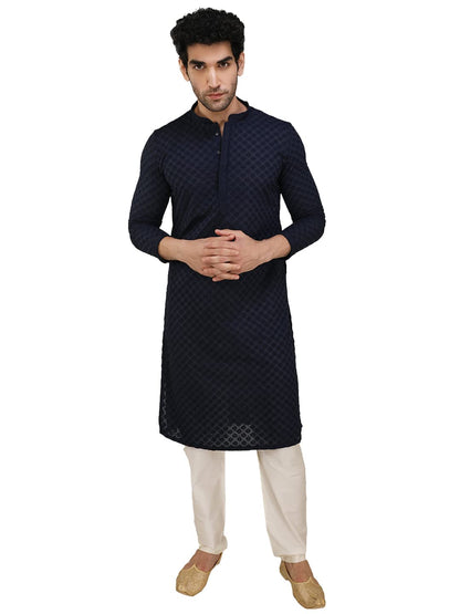 Manyavar Ravishing Chikankari Embroidered Navy Blue Kurta Set