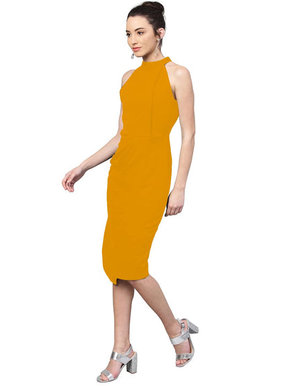 Shasmi WomenS Comfortable Mustard Halter Neck Sleeveless Solid Midi Bodycon Casual Western Stylish Dress For Womens/Midi Dress