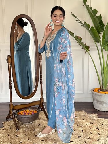 Toochki Women's Aqua Blue Viscose Rayon Straight Embroidered Kurti and Palazzo & Printed Dupatta Set