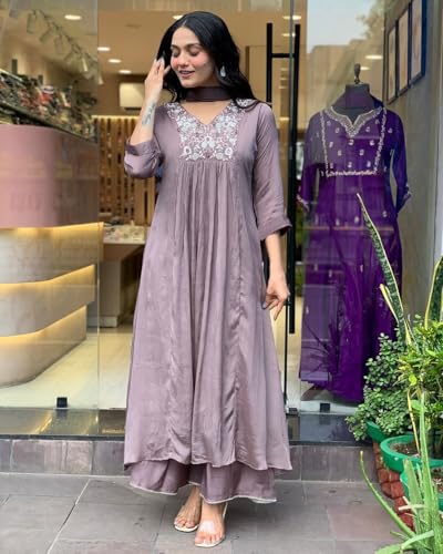 GoSriKi Women's A-Line Kurta with Trousers and Dupatta, Lavender, Small, Model SHARMI LAVENDER-GS, Viscose Blend Embroidery