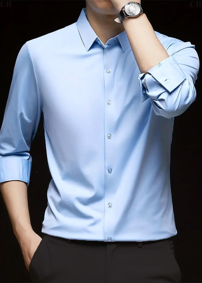 CB-COLEBROOK Mens Silk Satin Dress Shirts for Men Long Sleeve Button Down Shirts Party Prom Wedding Shirt Top (in, Alpha, M, Re