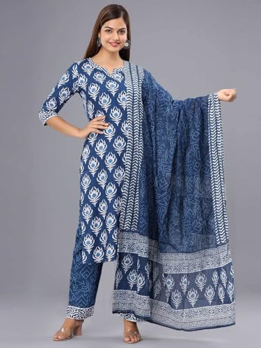 Tee Projekt WomenS Cotton Blend Sweetheart Neck Straight Kurta Pant With Dupatta Set Ll Block Printed Kurta Set For Women Ll Fe