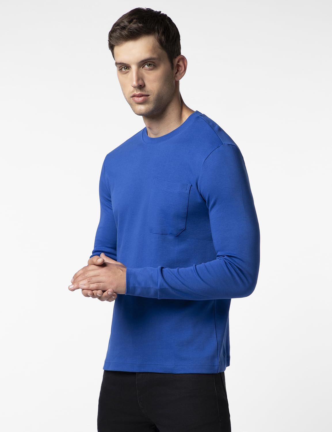 FYLTR Mens Casual Crewneck Full Sleeve T-Shirt with Stab Stitched Front Pocket Detail