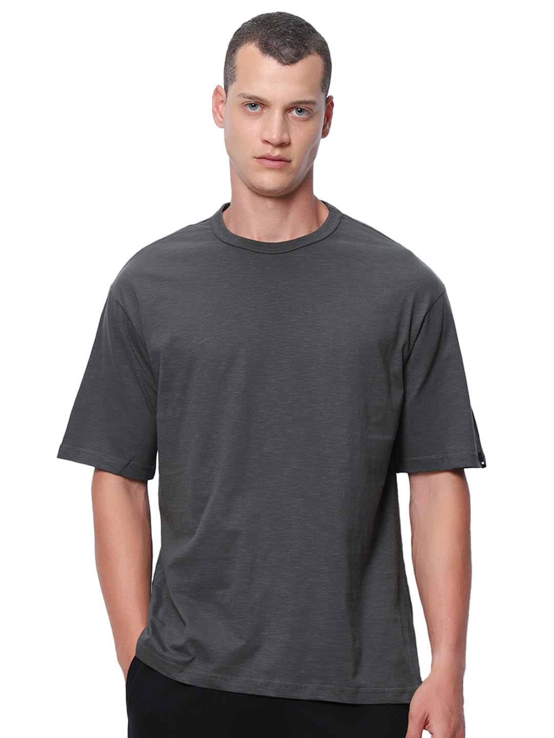 Bewakoof Air 1.0 Mens Solid Oversized Fit Half Sleeve Round Neck Cotton T-Shirt_ 580015_Grey_XL