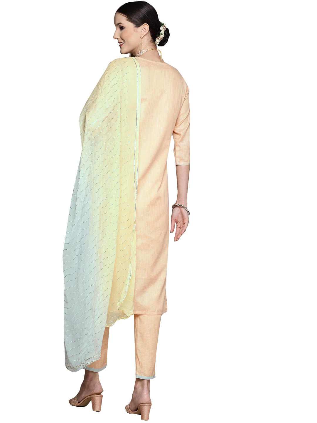 ishin Women's Peach Embellished A-Line Kurta set With Trouser and Dupatta