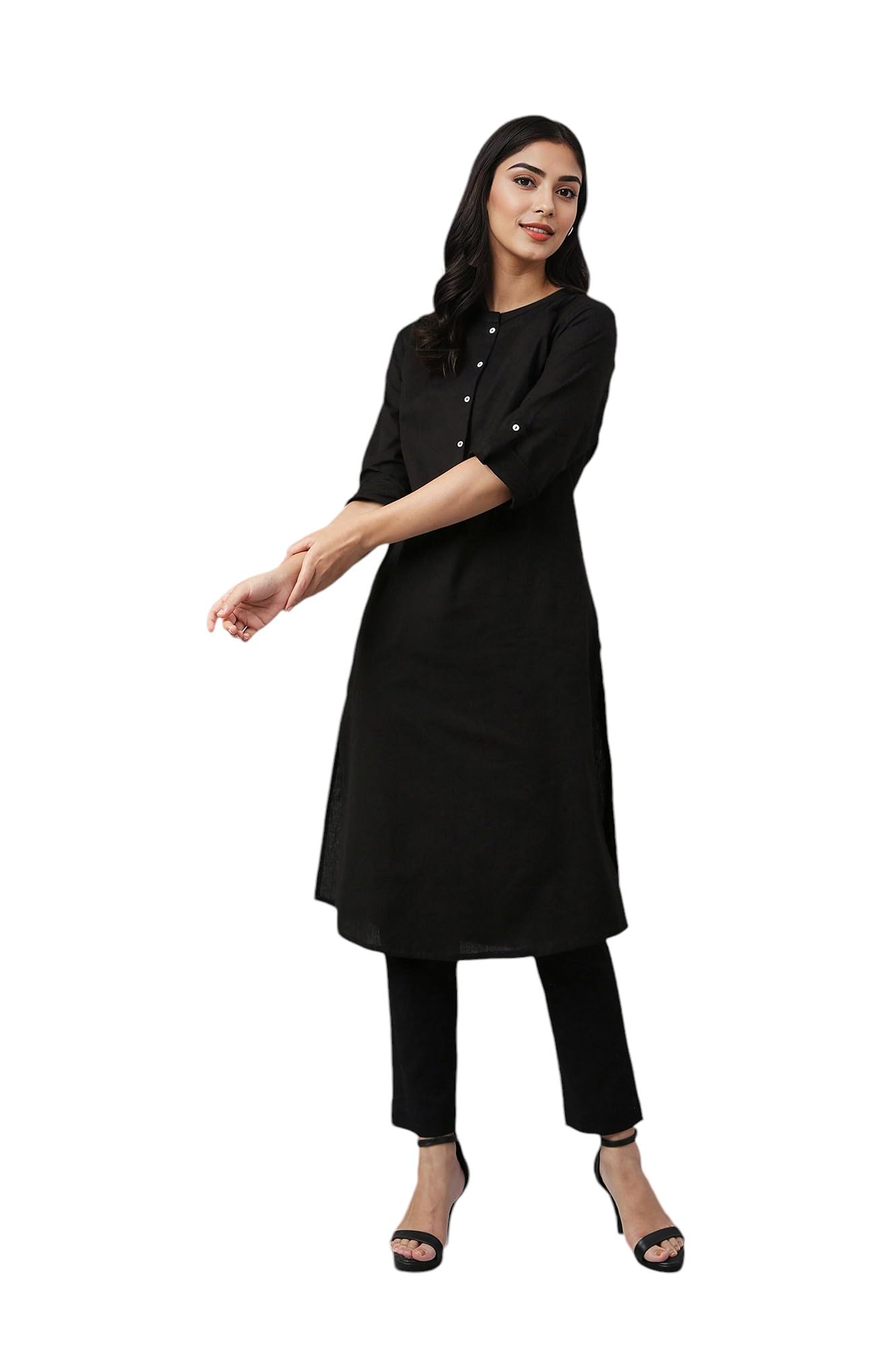 W Black Cotton Blend Solid Straight Long Kurta For Women