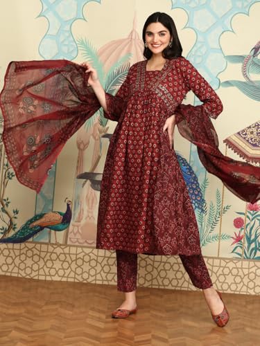 Ishin Women Red Cotton Kurta Sets With Dupatta