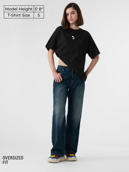 The Souled Store No Rain No Flowers Women and Girls Short Sleeves Round Neck Black Graphic Printed Cotton Oversized T-Shirts