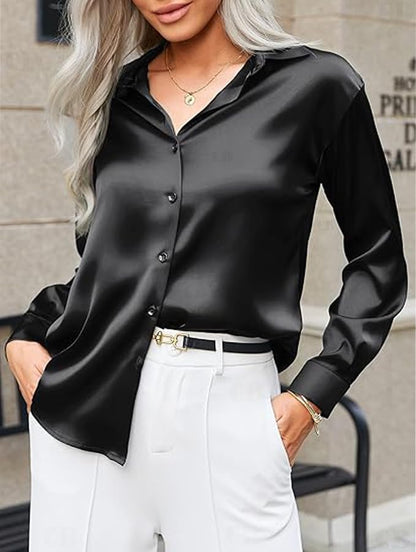 CB-COLEBROOK Womens Soft Satin Silk Button Down Shirts for Women Silky Long Sleeve Work Shirt Dress Blouses Tops (in, Alpha, S,
