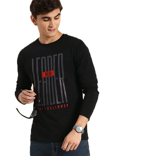 Bewakoof Mens Cotton Printed Leaderblack Full Sleeves | Round Neck | Regular Fit T-Shirt/Tee- 566458, Black 01, M