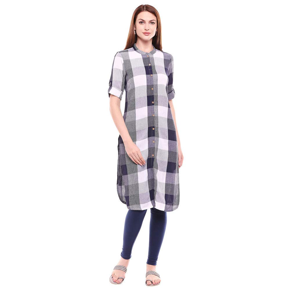 Aurelia Womens Mandarin Collar Check Shirt Kurta