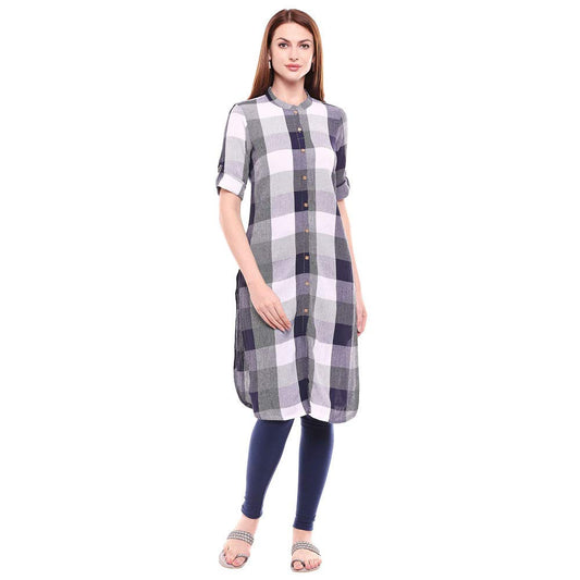 Aurelia Womens Mandarin Collar Check Shirt Kurta
