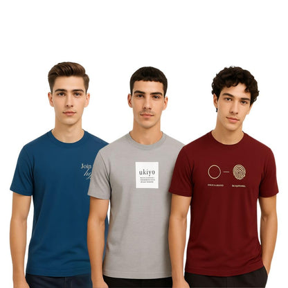 Nobero MenS Graphic Print Regular Fit T-Shirt (1M-Twts-C0760-Pack_Grey Melange/Wine Red/Marine