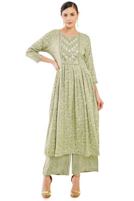 Soch Womens Sap Green Rayon Pleated Printed Kurta Set with Palazzo and Embellishments