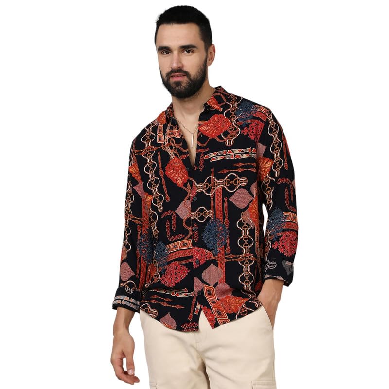 Campus Sutra Mens Crimson Red & Navy Blue Artistic Block Shirt for Casual Wear | Spread Collar | Long Sleeve | Button Closure |