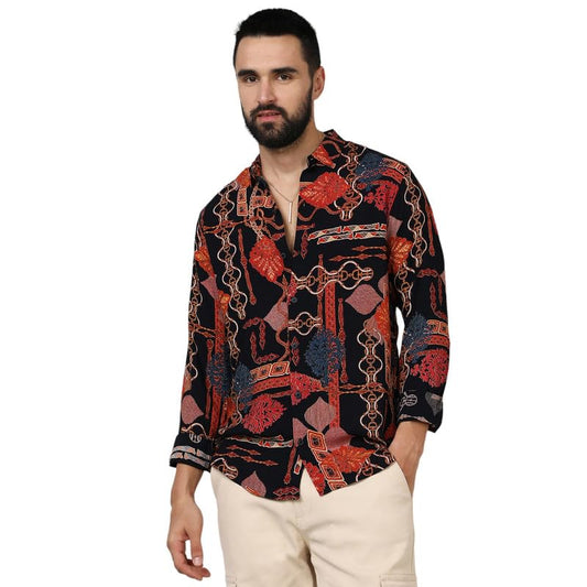 Campus Sutra Mens Crimson Red & Navy Blue Artistic Block Shirt for Casual Wear | Spread Collar | Long Sleeve | Button Closure |