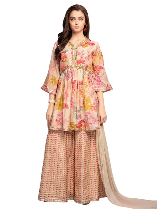 White Button New Peplum Cream Flower Kids Sharara Set For Girl Dress