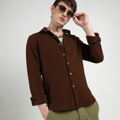 Campus Sutra MenS Chocolate Brown Ripple Box Shirt For Casual Wear | Spread Collar | Long Sleeve | Button Closure | Shirt Craft