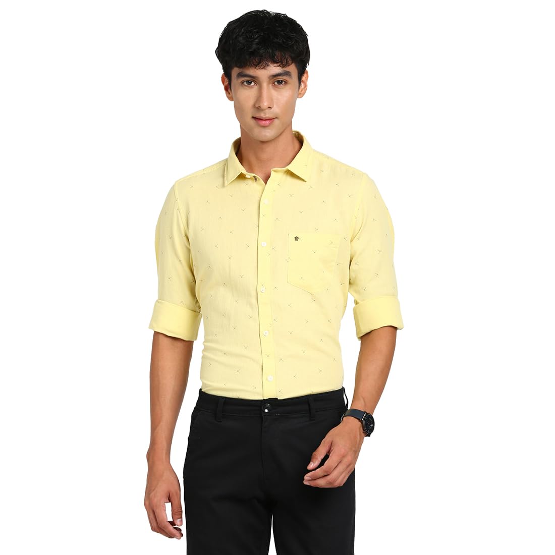 Turtle Men Cotton Linen Lemon Yellow Solid Slim Fit Casual Shirt