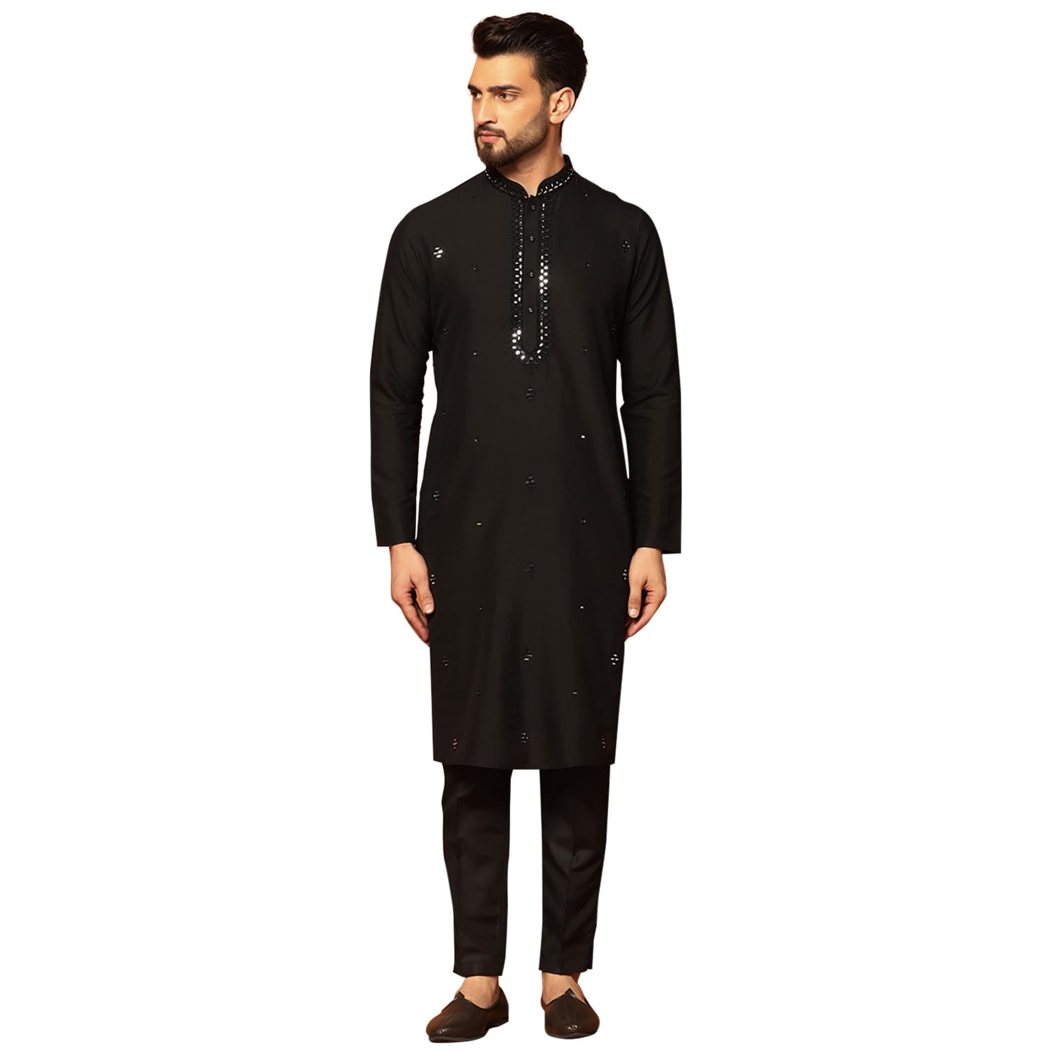 Kisah MenS Black Kurta Trouser Set Cotton, Full Sleaves, Knee Length, Straight, Regular Fit, Mandarin Collar Ethnic Wear