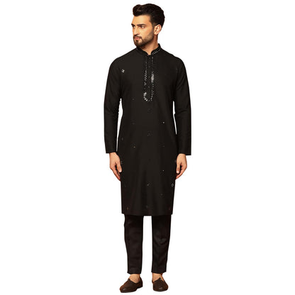 Kisah MenS Black Kurta Trouser Set Cotton, Full Sleaves, Knee Length, Straight, Regular Fit, Mandarin Collar Ethnic Wear