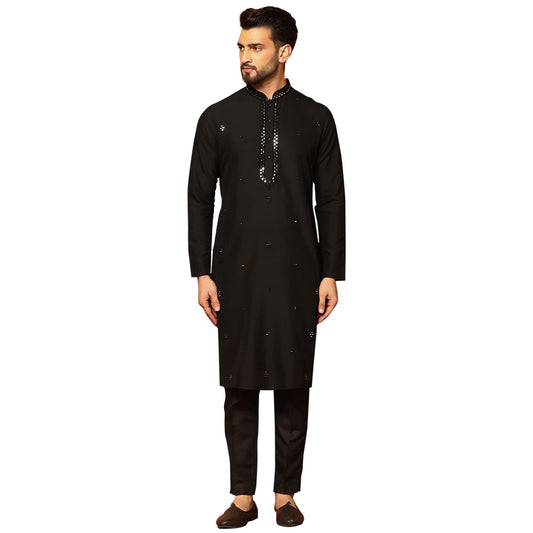 Kisah MenS Black Kurta Trouser Set Cotton, Full Sleaves, Knee Length, Straight, Regular Fit, Mandarin Collar Ethnic Wear